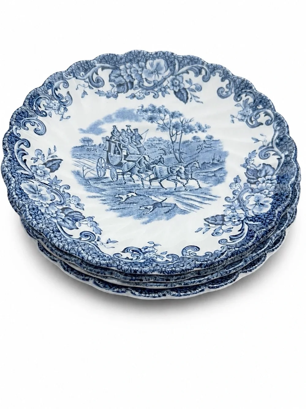 Johnson Bros Coaching Scenes Blue & White Scalloped Plates Set of 4 Vintage